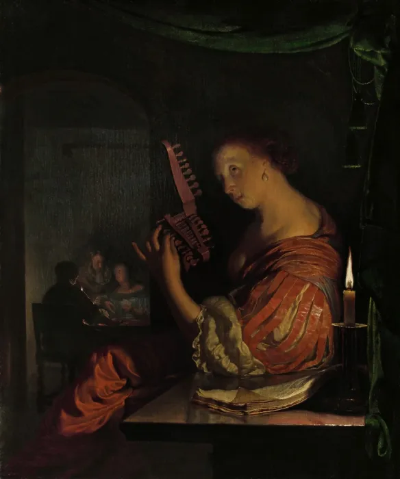 Framed Print : Woman Tuning a Theorbo, by Frans van Mieris (I), 1665, Dutch painting, by oil on panel Framed Print : Woman Tuning a Theorbo, by Frans van Mieris (I), 1665, Dutch painting, by oil on panel