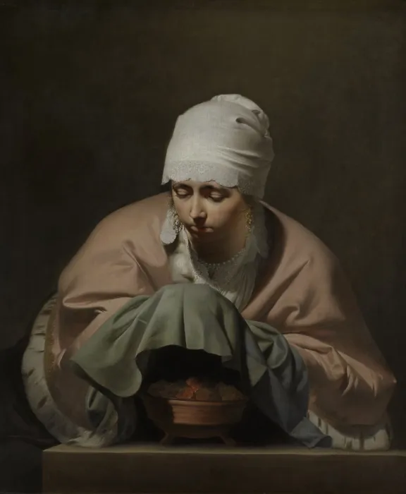 Framed Print : Woman Warming her Hands over a Brazier, by Caesar Boetius van Everdingen, 1644-48, Dutch painting, oil on canvas