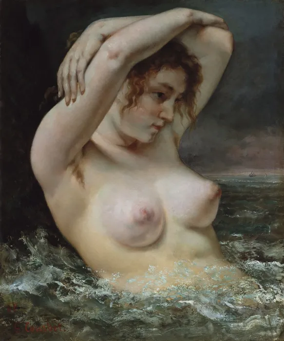 Framed Print : THE WOMAN IN THE WAVES, by Gustave Courbet, 1868, French painting, oil on canvas. Courbets nude in water alludes to the myth of Venus, who was born of the sea Framed Print : THE WOMAN IN THE WAVES, by Gustave Courbet, 1868, French painting, oil on canvas. Courbets nude in water alludes to the myth of Venus, who was born of the sea