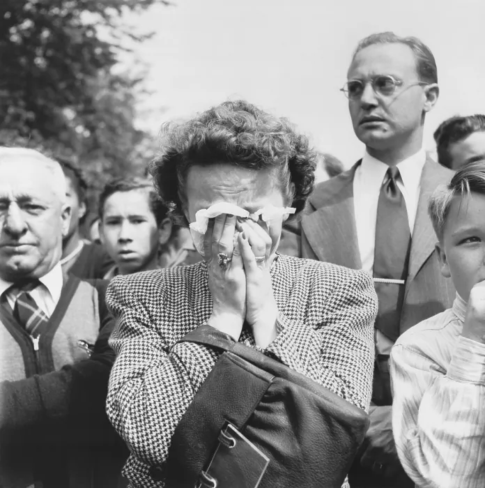 Framed Print : Woman weeps into her handkerchief at the funeral of President Franklin Roosevelt. Washington, D.C. April 14, 1945. World War 2. (BSLOC_2014_8_187)