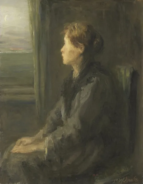 Framed Print : Woman at a Window, by Jozef Israels, c. 1880-1911, Dutch painting, oil on panel. Seated woman looking toward the sea (BSLOC_2016_2_108)