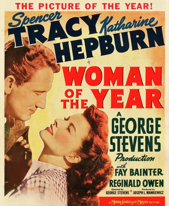 Framed Print : WOMAN OF THE YEAR, l-r: Spencer Tracy, Katharine Hepburn on window card, 1942