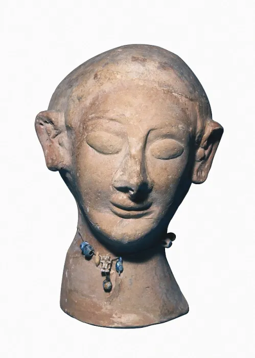 Framed Print : Woman's head. Punic art. Terracotta sculpture. From: Puig des Molins (Ibiza). Carthaginian art. Terra-cotta. SPAIN. Barcelona. Archaeology Museum of Catalonia. Proc: SPAIN