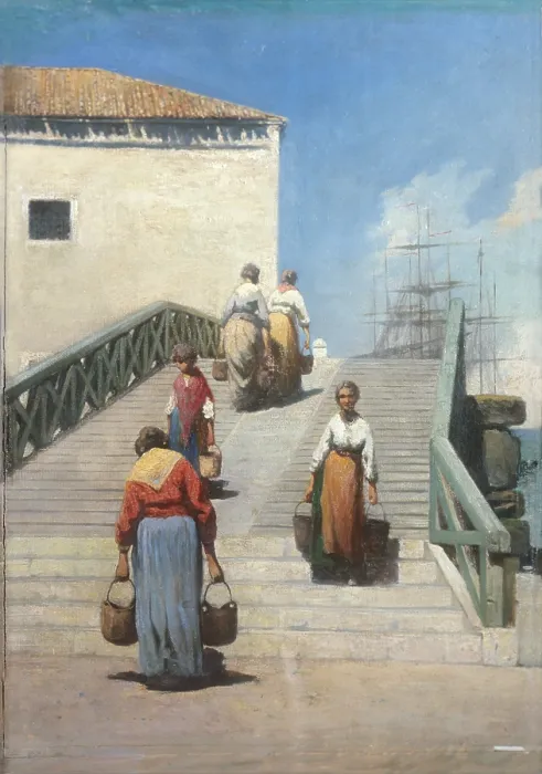 Framed Print : Women on a Bridge in Venice (Donne sul ponte a Venezia), by Vincenzo Cabianca, 1869, 19th Century, 46 x 41 cm - Italy, Emilia Romagna, Piacenza