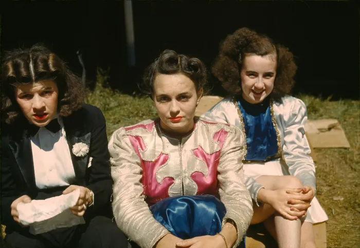 Framed Print : Women carnival performers, original title: Backstage at the girlie show at the Vermont state fair, Rutland, photograph by Jack Delano, September, 1941