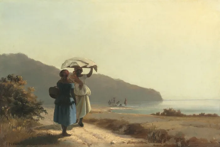 Framed Print : Two Women Chatting by the Sea, St. Thomas, by Camille Pissarro, 1856, French impressionist painting, oil on canvas. Pissarro was born on the Caribbean island of St. Thomas