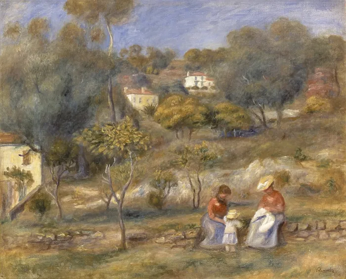 Framed Print : Two Women and a Child, by Pierre-Auguste Renoir, 1902, 20th Century - Private Collection. Whole artwork view. Two women sitting on a low wall with a child in the countryside