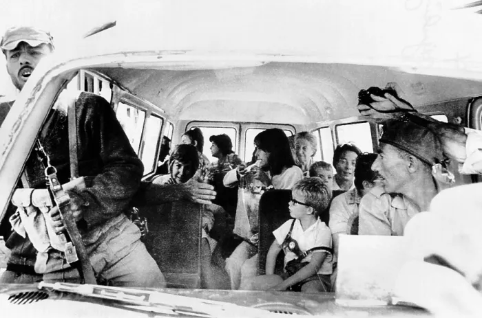 Framed Print : Women and children hostages about to be freed by the airline hijackers. They are arriving at the Intercontinental Hotel in Amman, Jordan