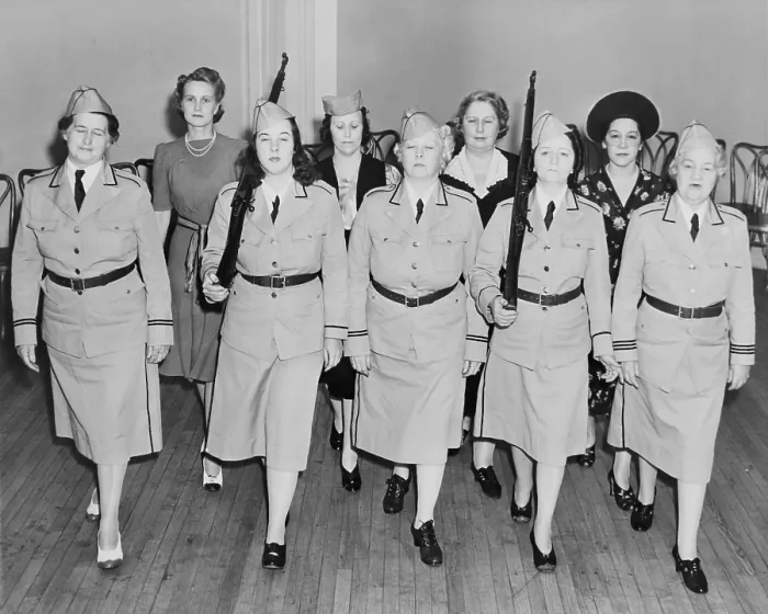 Framed Print : Women in a Civil Defense unit in drill practice Newark, N.J. in 1940. Molly Pitcher Brigade was formed a year before the U.S. entered World War 2. (BSLOC_2013_14_96)