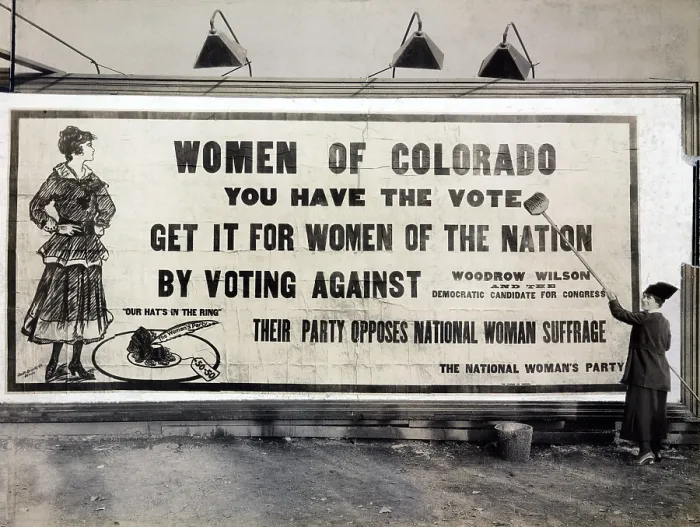 Framed Print : Women of Colorado, you have the vote Anti-Wilson billboard urging opposition to the Democratic Party for their oppsition to equality for women. Denver, Colorado 1916