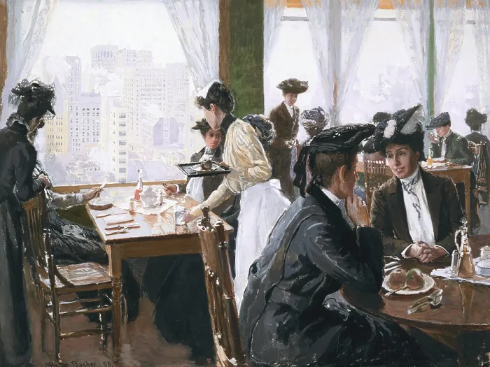 Framed Print : Women dining in skyscraper restaurant in an American city. Illustration by Otto Bacher, ca. 1901