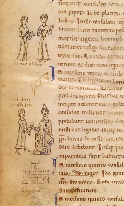 Framed Print : Two Women from Genoa Receiving Offers and Pope Lucio Receiving a Pound of Gold by Genoese People, from Annales Ianuenses, ms.lat. 10136, f Framed Print : Two Women from Genoa Receiving Offers and Pope Lucio Receiving a Pound of Gold by Genoese People, from Annales Ianuenses, ms.lat. 10136, f