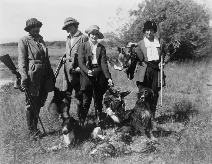 Framed Print : Five women hunters posed with their guns, dogs, and dead birds, ca. 1920. (BSLOC_2015_17_167) Framed Print : Five women hunters posed with their guns, dogs, and dead birds, ca. 1920. (BSLOC_2015_17_167)