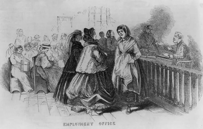 Framed Print : Women immigrants at the New York City's Castle Garden immigrant station Employment Office. Potential employers were screened and matched to qualified immigrants. 1866