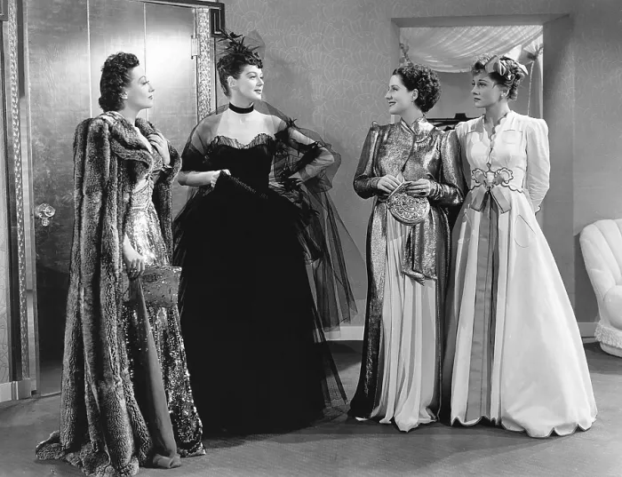 Framed Print : THE WOMEN, from left, Joan Crawford, Rosalind Russell, Norma Shearer, Joan Fontaine, all in dresses by Adrian, 1939