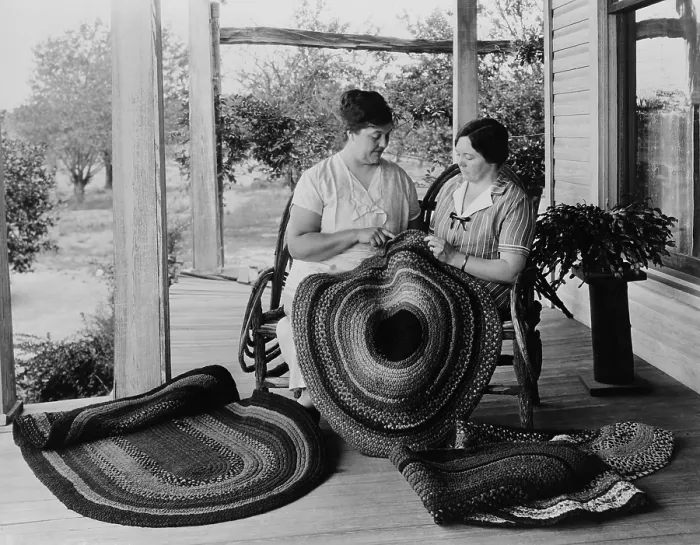 Framed Print : Two women making rag rugs on porch, 1925-1930 Framed Print : Two women making rag rugs on porch, 1925-1930