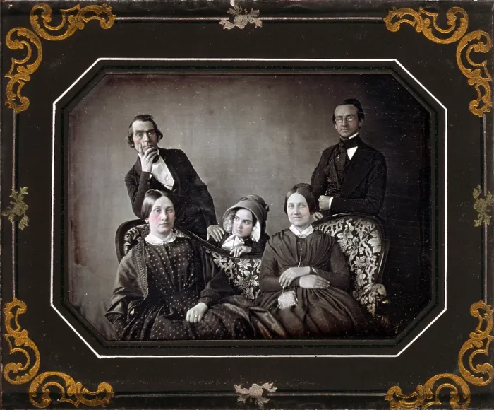 Framed Print : Three women and two men and a sofa, hand painted quarter-plate daguerreotype, circa 1840-1860