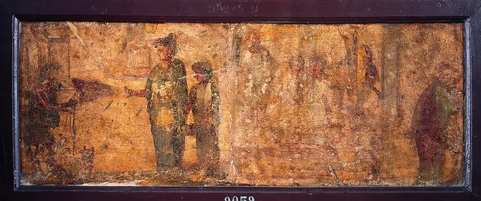 Framed Print : Women and Panhandler, by unknown artist, 62-79, 1st Century A.D. ripped fresco, 31 x 83 cm - Italy, Campania, Naples, National Archaeological Museum, Room LXXVIII, inv. 9059 Framed Print : Women and Panhandler, by unknown artist, 62-79, 1st Century A.D. ripped fresco, 31 x 83 cm - Italy, Campania, Naples, National Archaeological Museum, Room LXXVIII, inv. 9059