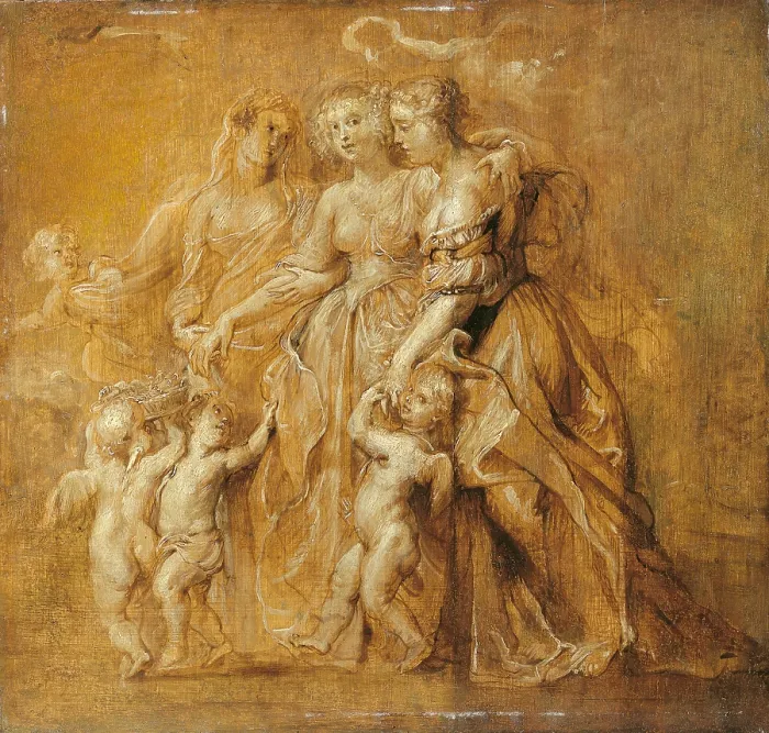 Framed Print : Three Women with Putti in an Open Space, by Peter Paul Rubens, ca