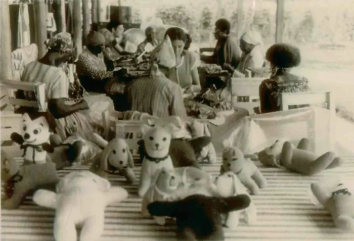 Framed Print : Women residents making stuffed animals. People's Temple Agricultural Project. Jonestown, Guyana. Nov. 1978