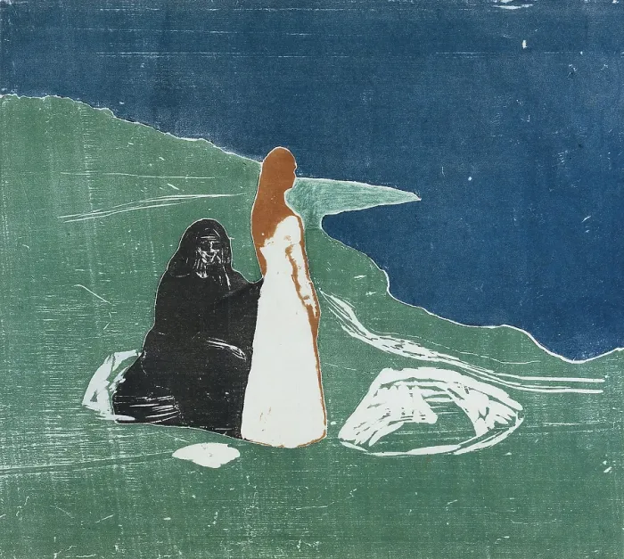 Framed Print : Two Women at the Seashore, by Edvard Munch, 1898, Norwegian print, color woodcut