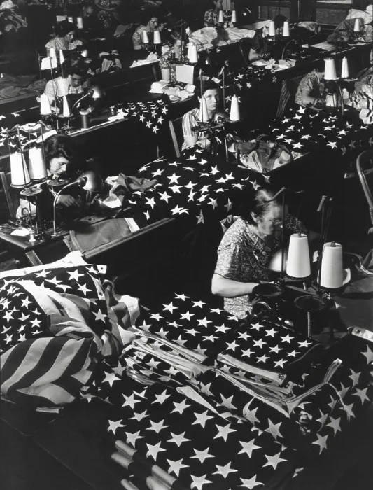 Framed Print : Women sewing American Flags in Brooklyn, New York City on July 24, 1940. Photo from the Records of Naval Districts and Shore Establishments, by Margaret Bourke-White