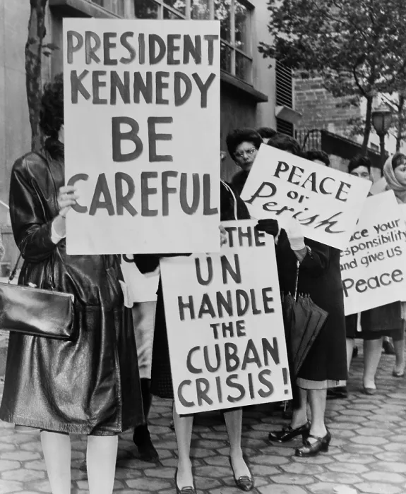 Framed Print : Women Strike for Peace. Some of the 800 women demonstrators holding placards reading President Kennedy Be Careful and Let the UN handle the Cuban Crisis