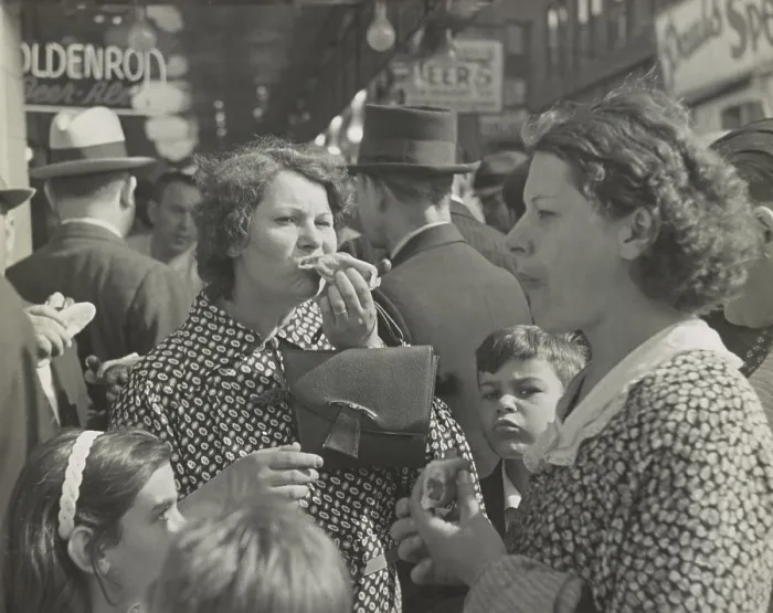 Framed Print : Two women, surrounded by children, eating hot dogs on a crowded street in Coney Island, New York City, 1936 (BSLOC_2020_2_107) Framed Print : Two women, surrounded by children, eating hot dogs on a crowded street in Coney Island, New York City, 1936 (BSLOC_2020_2_107)