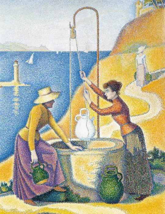 Framed Print : Women at a Well, by Paul Signac, 1892, 19th Century, oil on canvas, 194, 5 x 130 cm - France, Paris, Muse d'Orsay. Detail. Two women draw water from a well near the sea Framed Print : Women at a Well, by Paul Signac, 1892, 19th Century, oil on canvas, 194, 5 x 130 cm - France, Paris, Muse d'Orsay. Detail. Two women draw water from a well near the sea