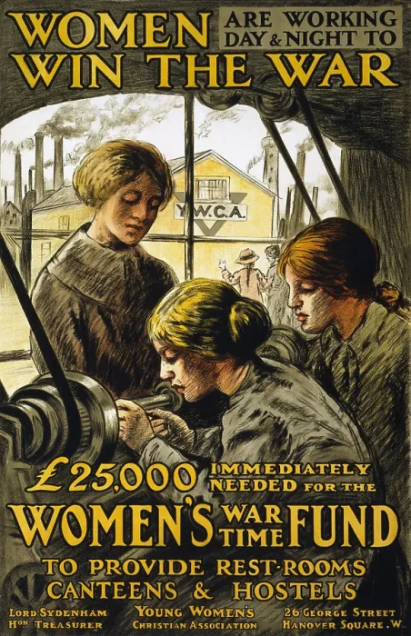 Framed Print : Women are working day & night to win the war'. Women working at a lathe in a factory during World War I. YWCA fundraising poster. Color lithograph, ca. 1915