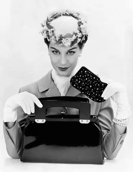 Framed Print : Women's accessories include a square cut, top opening, black patent leather purse
