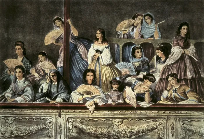 Framed Print : Women's seats in Colon Theatre in Buenos Aires, Argentina. 1858. Costumbrism. Watercolour. ARGENTINA. Buenos Aires. - P