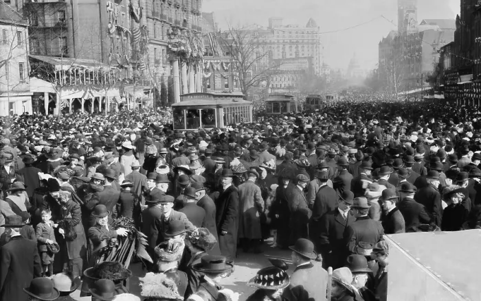 Framed Print : Women's Suffrage parade on the day before Woodrow Wilson's inauguration, March 3, 1913. Crowds blocked uncleared streets, but most women finished the parade