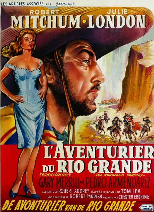 Framed Print : THE WONDERFUL COUNTRY, (aka L'AVENTURIER DU RIO GRANDE), l-r: Julie London, Robert Mitchum on French poster art, 1959