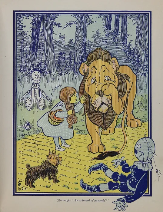 Framed Print : Wonderful Wizard of Oz main characters, created by Frank Lyman Baum in 1900. Dorothy speaks to the Cowardly Lion