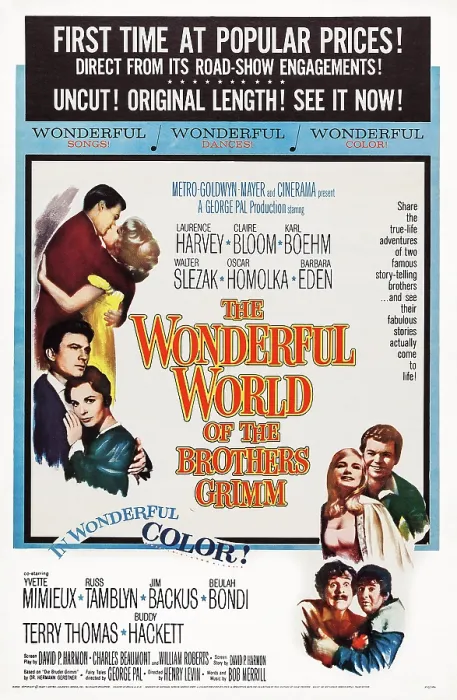 Framed Print : THE WONDERFUL WORLD OF THE BROTHERS GRIMM, US poster art, left: Laurence Harvey, Claire Bloom; top right: Russ Tamblyn, Yvette Mimieux; bottom right: Terry-Thomas, Buddy Hackett