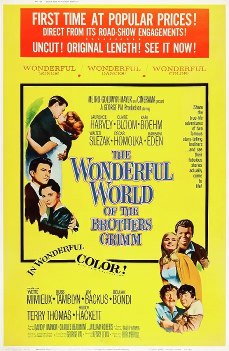 Framed Print : THE WONDERFUL WORLD OF THE BROTHERS GRIMM, US poster art, left: Laurence Harvey, Claire Bloom; bottom right: Russ Tamblyn, Yvette Mimieux, Terry-Thomas, Buddy Hackett, 1962