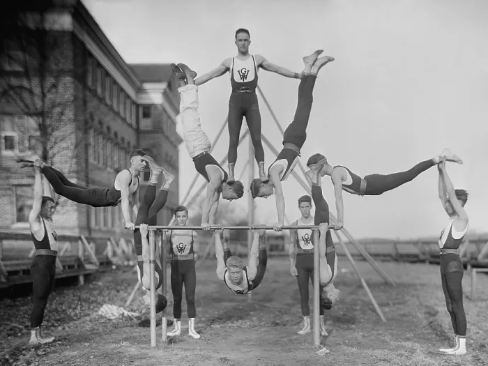 Framed Print : Woodberry Forest School Gymnastics team, ca. 1920s. The all male private school still exists, located in Madison County, Virginia. (BSLOC_2015_17_160)
