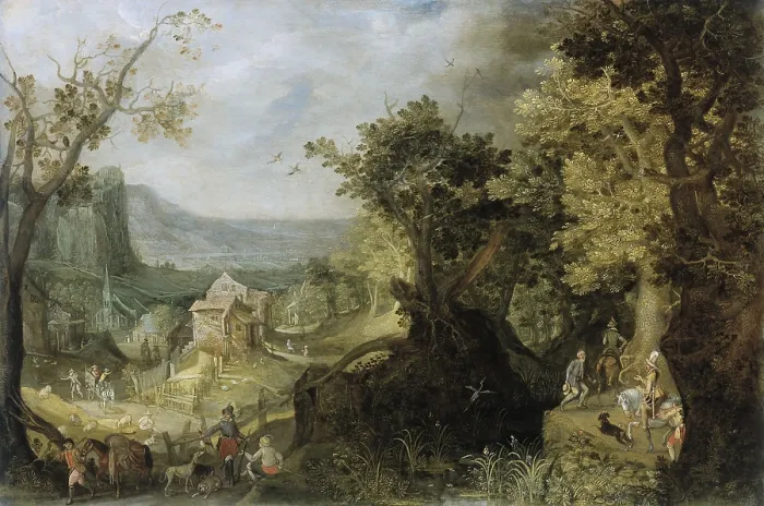 Framed Print : Wooded Landscape, by Anton Mirou, 1608, Flemish painting, oil on canvas