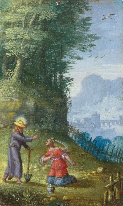 Framed Print : Wooded Landscape with Christ Appearing to Mary Magdalene as a Gardener, by Unknown Flemish artist, ca Framed Print : Wooded Landscape with Christ Appearing to Mary Magdalene as a Gardener, by Unknown Flemish artist, ca