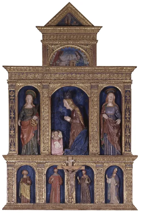 Framed Print : Wooden altarpiece with Nativity and Saints, by Unknown Artist, 15th Century - Italy, Lombardy, Sernio, Oratory of Our Lady of the Snows. Whole artwork view