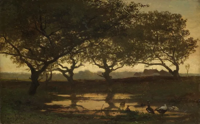 Framed Print : Woodland Pond at Sunset, by Gerard Bilders, c. 1862, Dutch painting, oil on panel. Trees at sunset in the vicinity of Lochem, Gelderland province. (BSLOC_2016_1_194)