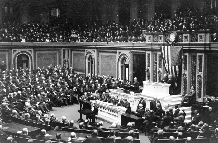 Framed Print : Woodrow Wilson (1856-1924) addressing Congress in 1917, the year the United States entered World War 1