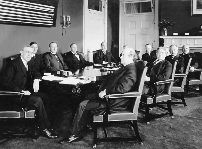 Framed Print : Woodrow Wilson (1856-1924) and his first Cabinet in 1913. To his immediate left is William McAdoo, Sec. of Treasury, and to his right, Williams Jennings Bryan, Sec. of State