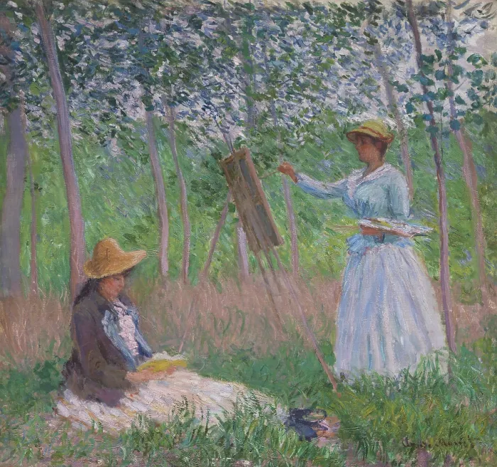 Framed Print : In the Woods at Giverny: Alice Hoschede at Her Easel with Suzanne Hoschede Reading, 1887, by Claude Monet, 1840-1926, French Impressionist painting, oil on canvas