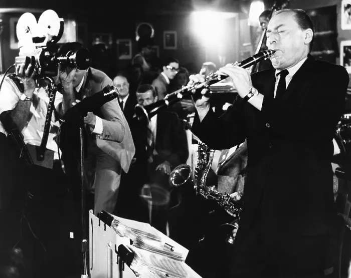 Framed Print : Woody Herman and his boys swing during a one night stand at a roadhouse. The performance was being filmed for an ABC-TV special, One Night Stands Framed Print : Woody Herman and his boys swing during a one night stand at a roadhouse. The performance was being filmed for an ABC-TV special, One Night Stands
