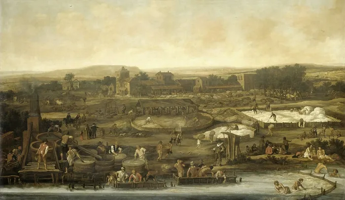 Framed Print : Wool Making, by Pieter de Molijn, 1651 Dutch painting, oil on canvas. Industrial scale wool processing, probably in Italy or Spain
