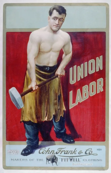 Framed Print : The words Union Labor are prominently displayed on an advertisement for Cohn, Frank & Company, makers of the Fit Well clothing. Ca. 1905