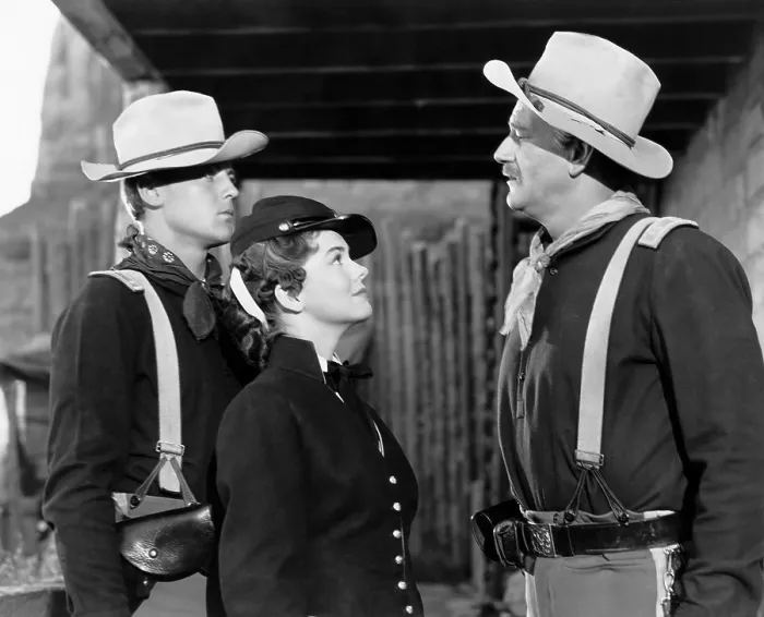 Framed Print : SHE WORE A YELLOW RIBBON, from left, John Agar, Joanne Dru, John Wayne, 1949