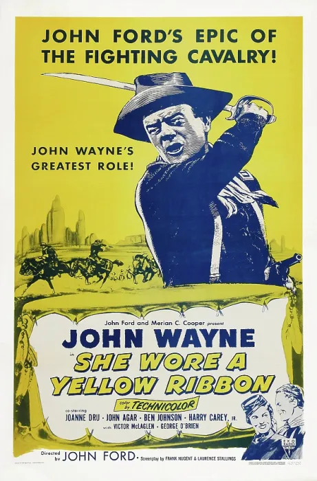 Framed Print : SHE WORE A YELLOW RIBBON, top: John Wayne, bottom right from left: Joanne Dru, John Agar on 1957 reissue poster, 1949